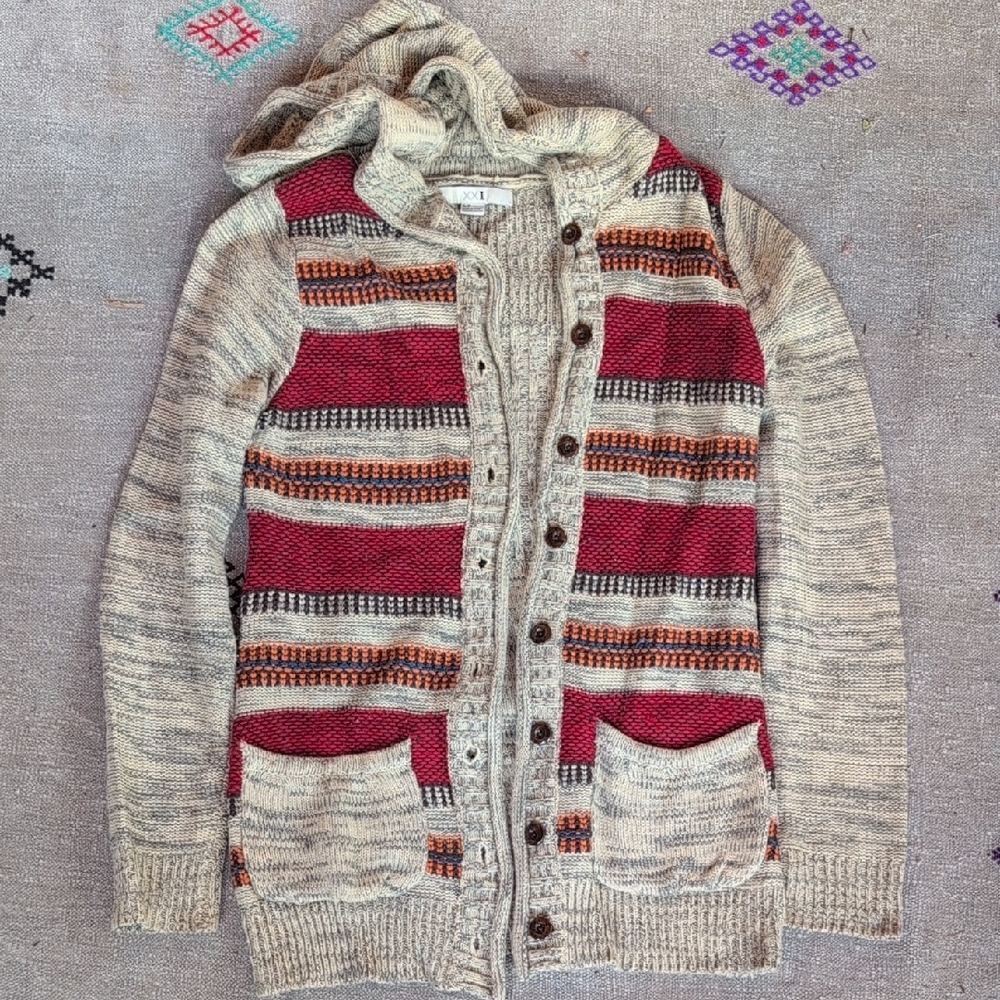 Striped Hooded Sweater - Red and Gray